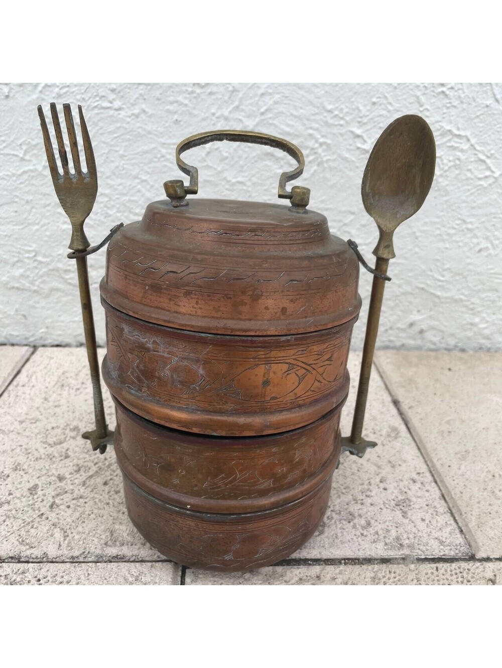 Antique Copper Tiffin Lunch Box 3-Tier Handcrafted Tin-Lined Brass Utensils